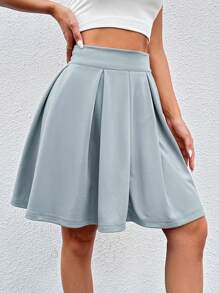 SHEIN PETITE Cao eo Chất rắn Xếp li Đen Váy - Màu xanh nhạt - Xem 5