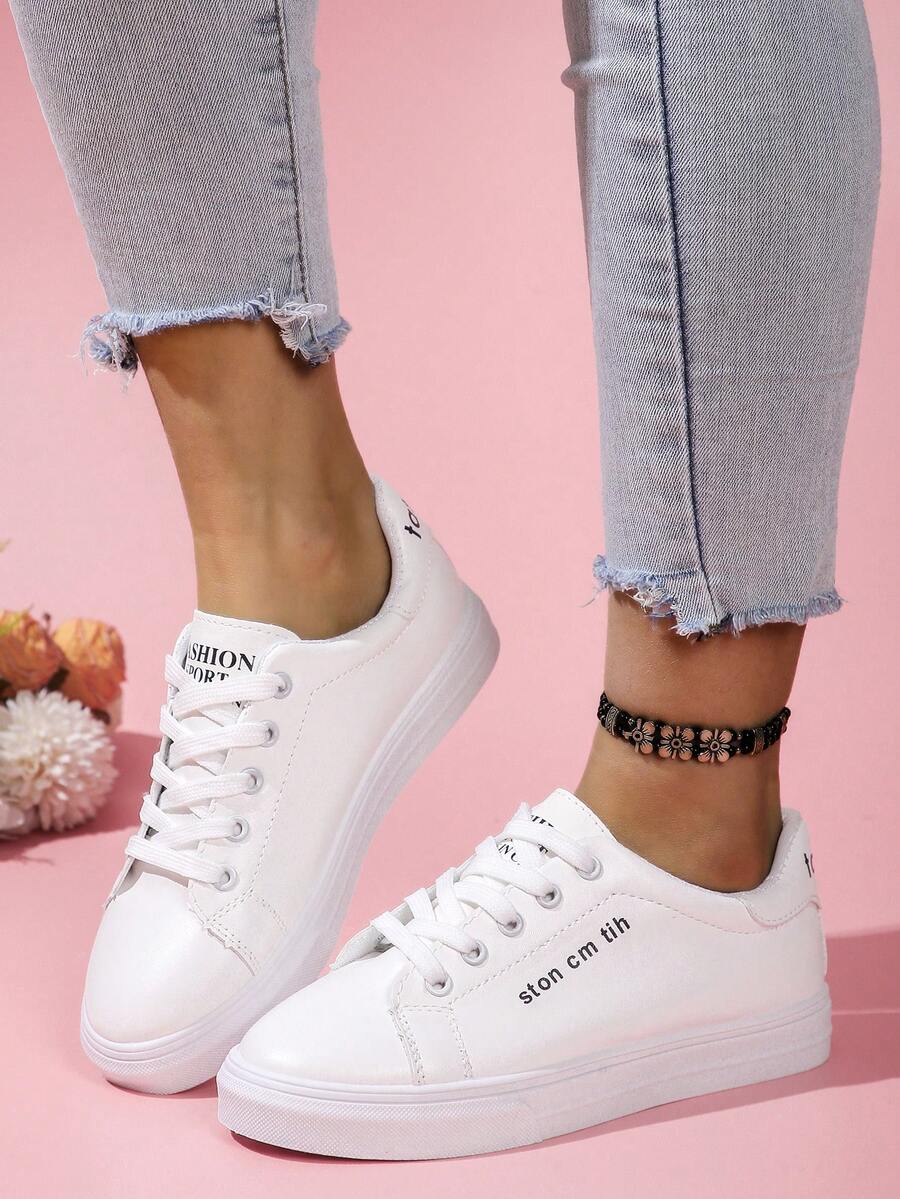 女士時尚圓頭pu皮鞋帶休閒白色運動鞋,春季新款,校園風格,簡約而多變,舒適運動鞋 - 白色 - 查看 1