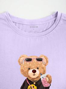SHEIN Slayr Camiseta Con Estampado De Patrón De Osito De Dibujos Animados - Lila Púrpura - Ver 3