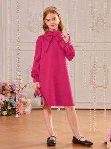 SHEIN Vestido para niñas preadolescentes con mangas largas estilo retro, cuello tejido con soporte, botones decorativos en la parte de atrás y línea A
