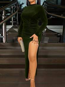 Allurite Plus Size Women's Stand Collar Pleated Long Sleeve Side Slit Dress - Green - View 1