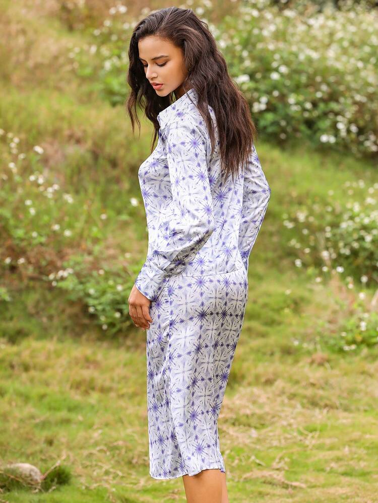 Full Printed Button Down Long Sleeve Shirt And Skirt
