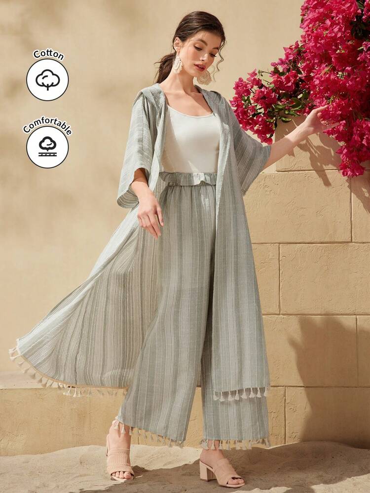 Hooded Fringed Hem Open Front Coat And Straight Pants Two Pieces Set 2 Pieces Set