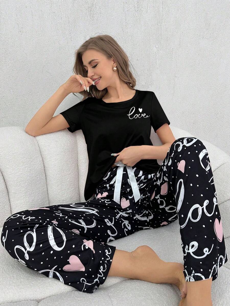 Ladies' Heart & Letter Printed Short Sleeve And Long Pants Pajama Set - Black - View 1