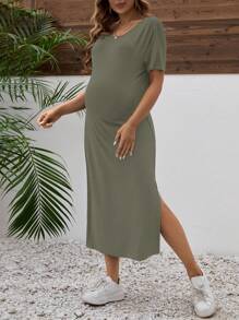 Maternity Solid Color V-Neck Short Sleeve Side Slit Hem Casual Dress - Army Green - View 5