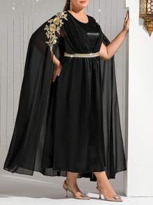 Modelyn Plus Size Women's Embroidered Cape Sleeve Arabic Dress,Elegant Evening Party Dress Long Evening Dresses
