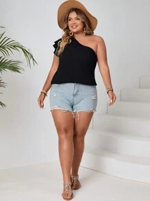 SHEIN VCAY Blusa de Ombro Único com Manga Flutuante e Cor Sólida para Senhoras Plus Size