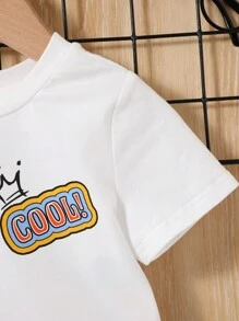 SHEIN Bebis Pojkar Tecknad Film Bokstavstryck Runda Hals T-shirts Med Regelbunden Shorts Set - Grön - Visa 6