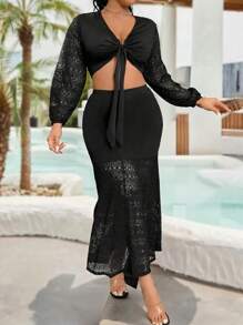 SHEIN Clasi Kích thước lớn Của phụ nữ Ren Tay áo dài Hai chiếc Bộ Với Mặt trước Lace-up Chi tiết - màu đen - Xem 3