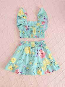 Young Girl Floral Printed Ruffled Blouse And Skirt Set - Mint Green - View 2