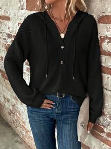 EMERY ROSE Half Button Raglan Sleeve Drawstring Hoodie In Fall/Winter - Black - View 1