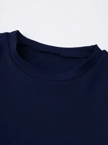 Zolique 女士圓領純色短袖t恤和短褲套裝 - 藏蓝色 - 查看 6