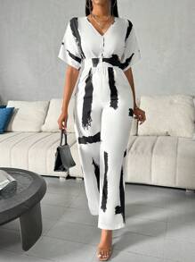 Chiquease 女士刷印v領蝙蝠短袖連體褲 - 彩色 - 查看 1