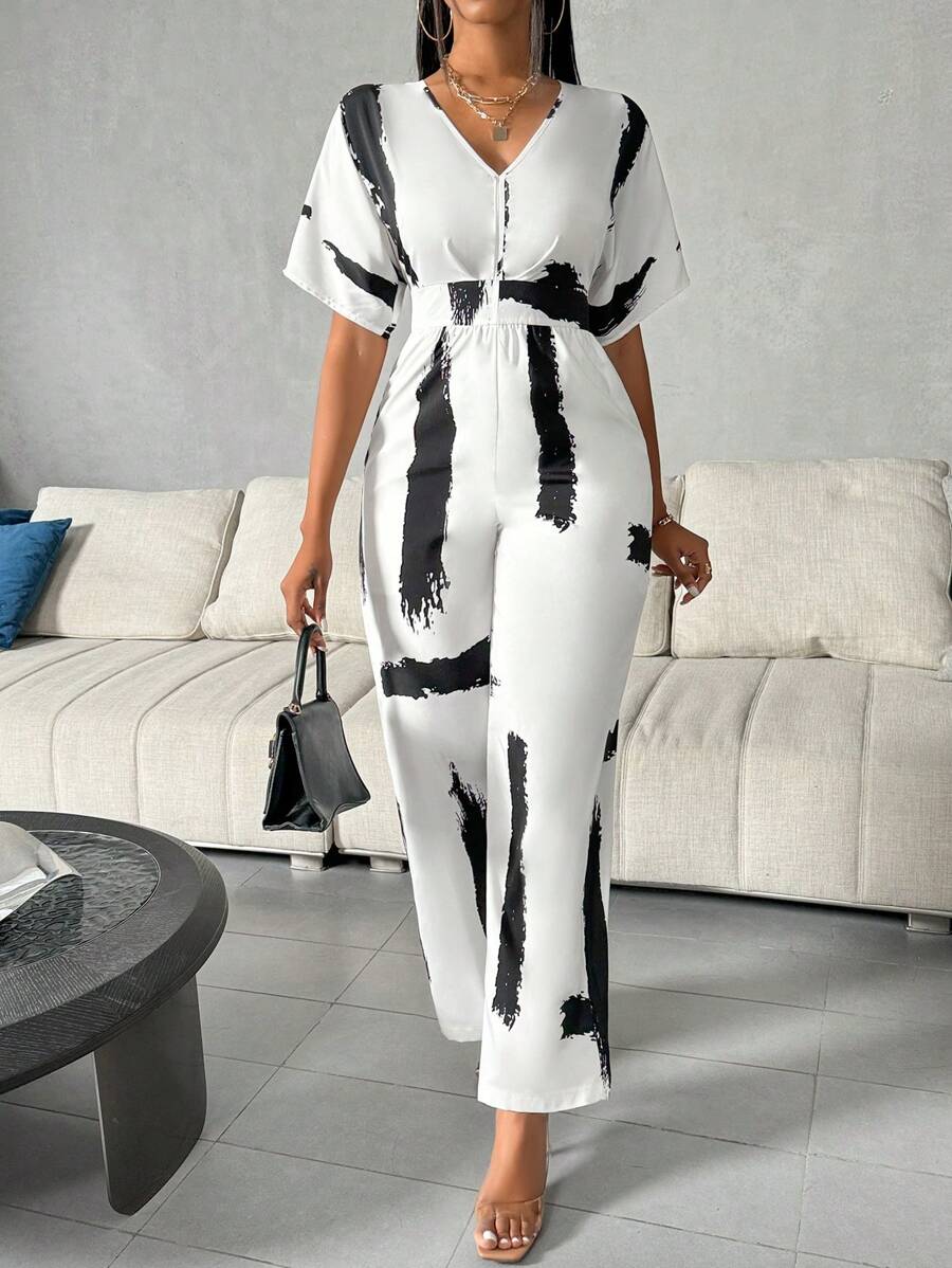 Chiquease 女士刷印v領蝙蝠短袖連體褲 - 彩色 - 查看 1