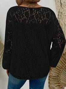 SHEIN Camisa De Manga Farol Con Detalle De Flecos De Encaje De Talla Grande