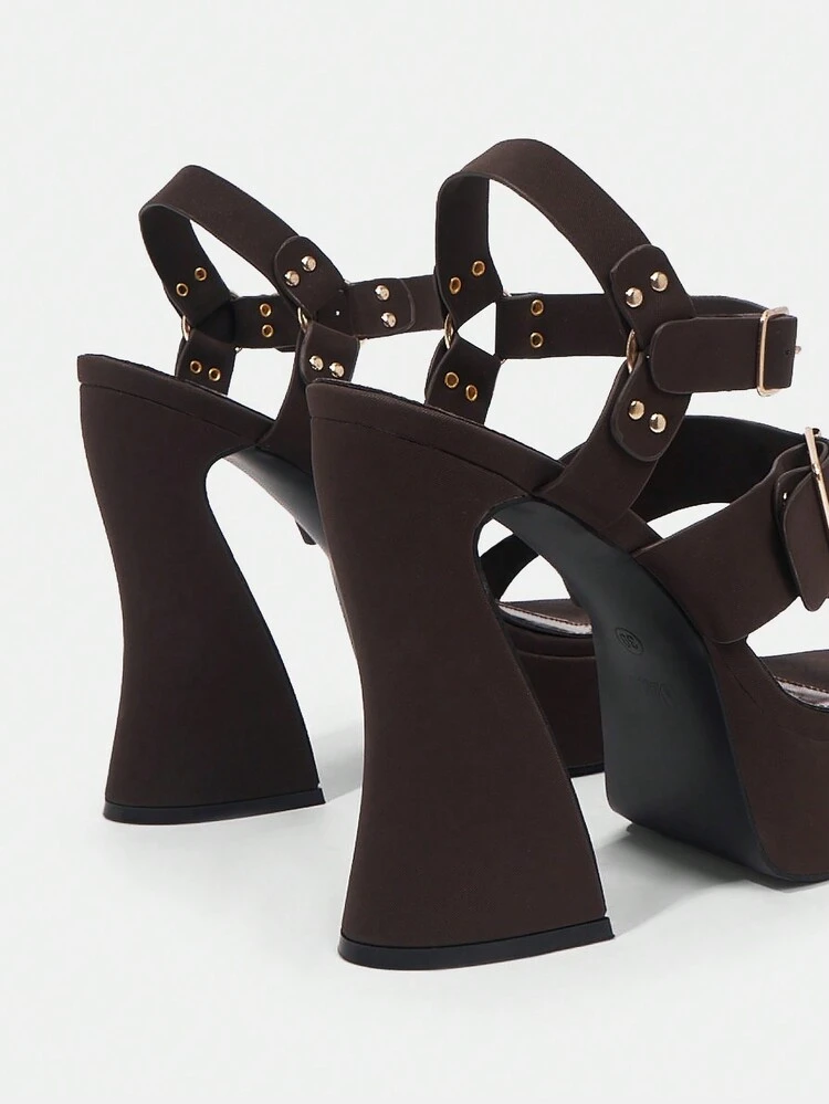 Women's Outdoor Buckle High Heels With Pointed Toe And Waterproof Platform In Dark Brown Pu Fabric