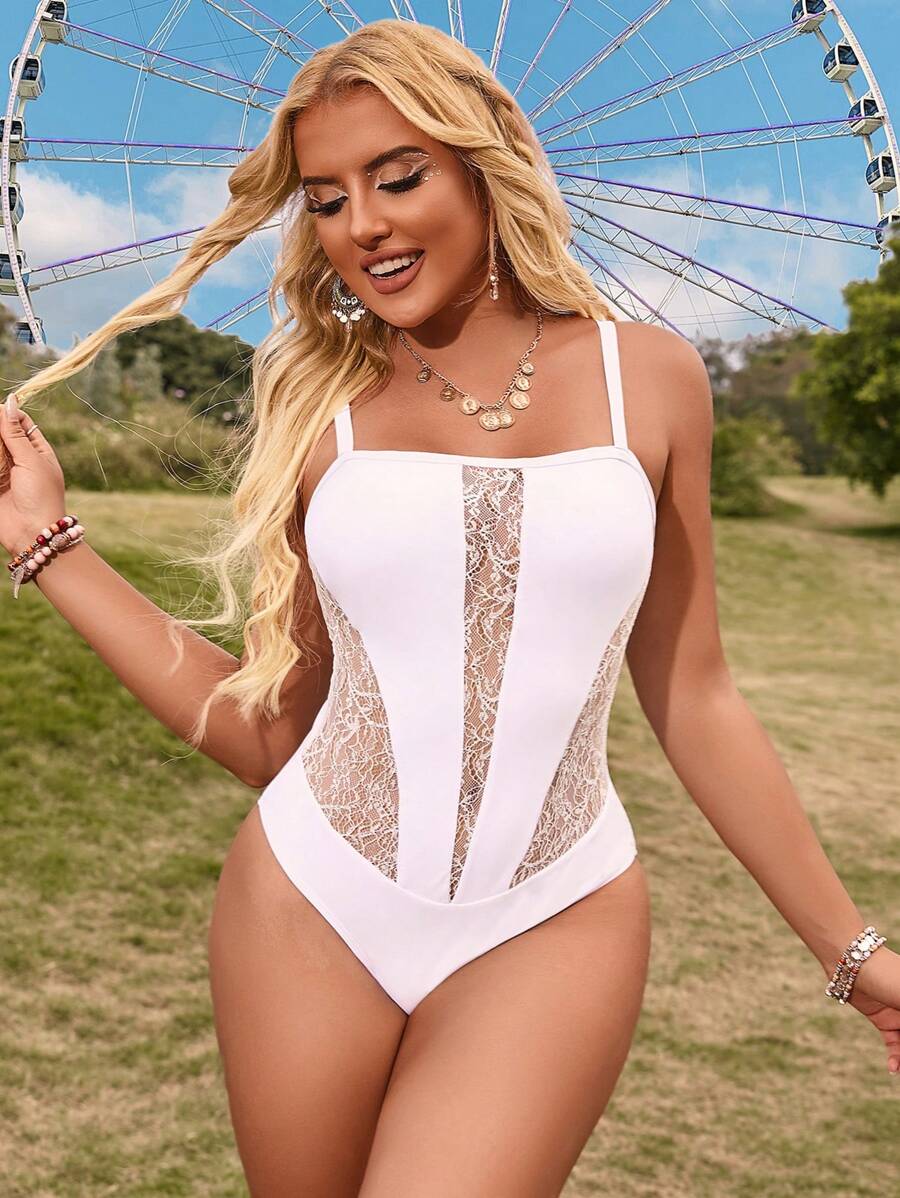 Swim EVENT Women's Splicing Lace Cami One-Piece Swimsuit Summer - White - View 1