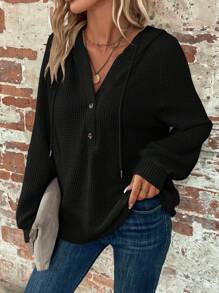 EMERY ROSE Half Button Raglan Sleeve Drawstring Hoodie In Fall/Winter - Black - View 5