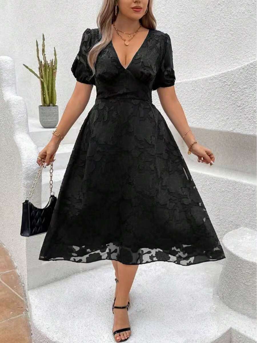 SHEIN Clasi Plus Size Floral Cut-Out V-Neck Waist-Cinching Dress - Black - View 1