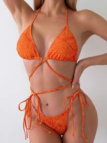 SHEIN Swim 两件套露背比基尼套装，随机印花，细带比基尼套装泳装泳衣沙滩装夏季度假夏日海滩 - 橘色 - 查看 5