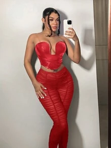 SHEIN SXY 漏洞見肉長裤 一套,銳角pu皮筒頂&褶裥長褲,內含透視褲 - 紅色 - 查看 3