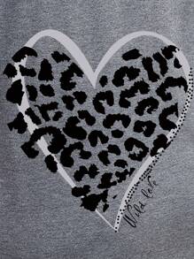 INAWLY Große Größen Leoprint Herz & Buchstaben Muster Oversized T-Shirt, Grafik Gepardendruck Oberteile für Damen, für den Sommer