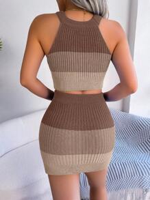 European & American Fashion Colorblock Cropped Top And Bodycon Skirt Knit Suit Set, Spring/Summer Casual - Khaki - View 3