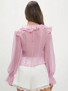 Enchnt Women's Patchwork Ruffle Hem Flare Sleeve Shirt