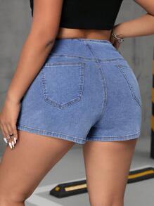 SHEIN ICON Women's Plus Size Button Up Slim Fit Denim Shorts For Summer - Blue - View 2