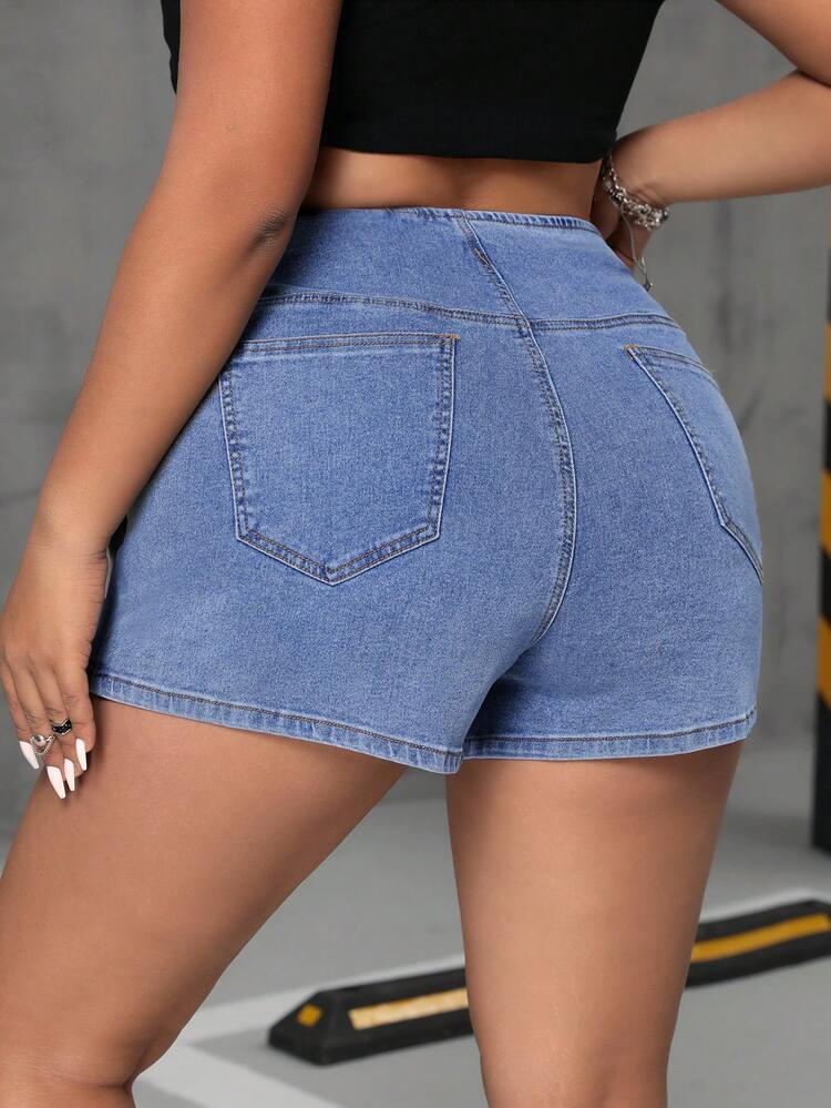 Women's Plus Size Button Up Slim Fit Denim Shorts For Summer