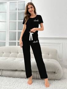CoupledUp Women's Round Neck Letter Printed Short Sleeve T-Shirt And Drawstring Casual Shorts, Pajama Set - Black - View 5