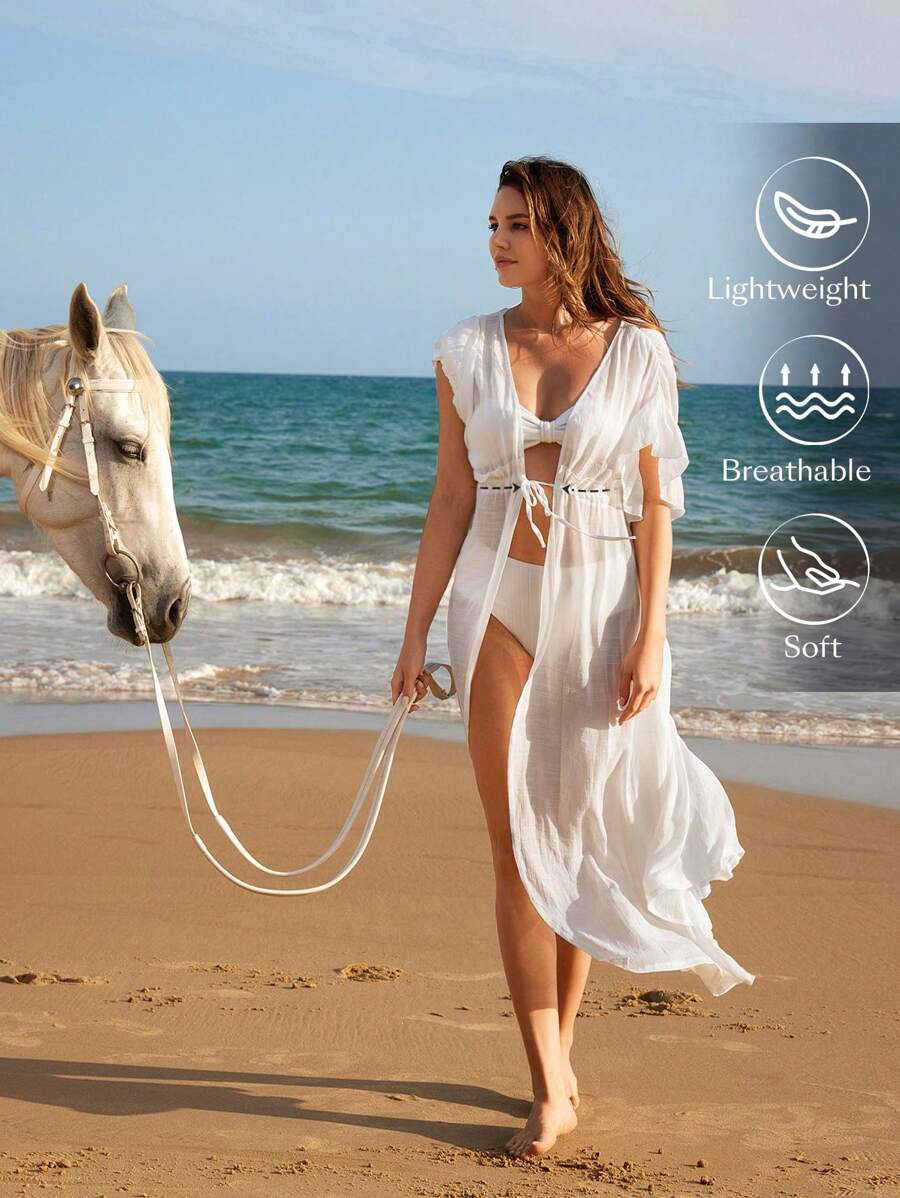 Swim Chiccia 女式纯色腰带和服外套夏季