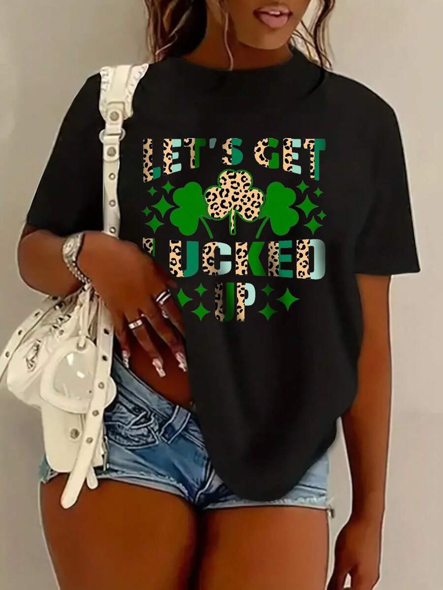 Maweii 加大碼三葉草和字母印花t恤 - 黑色 - 查看 1