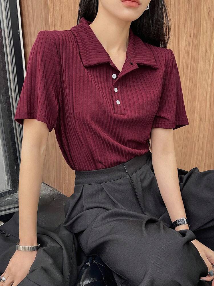 Solid Color Button Placket Henley Neck Ribbed Short Sleeve T-Shirt Summer,Business Casual Women