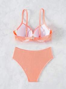 SHEIN Swim 纯色罗纹女士泳衣套装，比基尼套装海滩比基尼套装泳衣夏季，夏季海滩 - 珊瑚橙 - 查看 2