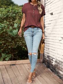 SHEIN LUNE Women's Simple Loose Short Sleeve T-Shirt With Button Design - Burgundy - View 4