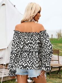 SHEIN VCAY Chemise D'été Pour Femme Ample Et Régulière Avec Manches Longues De Lanterne Épaules Dénudées Et Imprimé Géométrique - Noir et Blanc - Voir 3