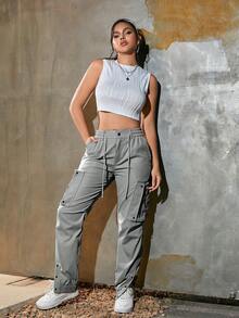 Quần jogger cargo cổ điển đường phố, cạp chun, túi nắp, khóa kéo bên hông, gấu quần cài khuy, thích hợp mặc hàng ngày. - Màu Xám nhạt - Xem 5