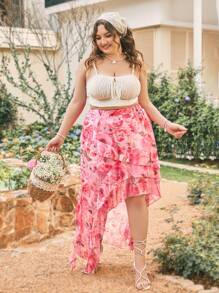 Dreamara Women's Plus Size Casual Vacation Skirt With Ruffle Hem And Floral Print - Multicolor - View 4