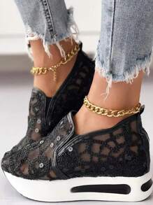 秋冬女士蕾丝花黑色亮片休闲坡跟厚底运动鞋，女士运动鞋 - 黑色 - 查看 6