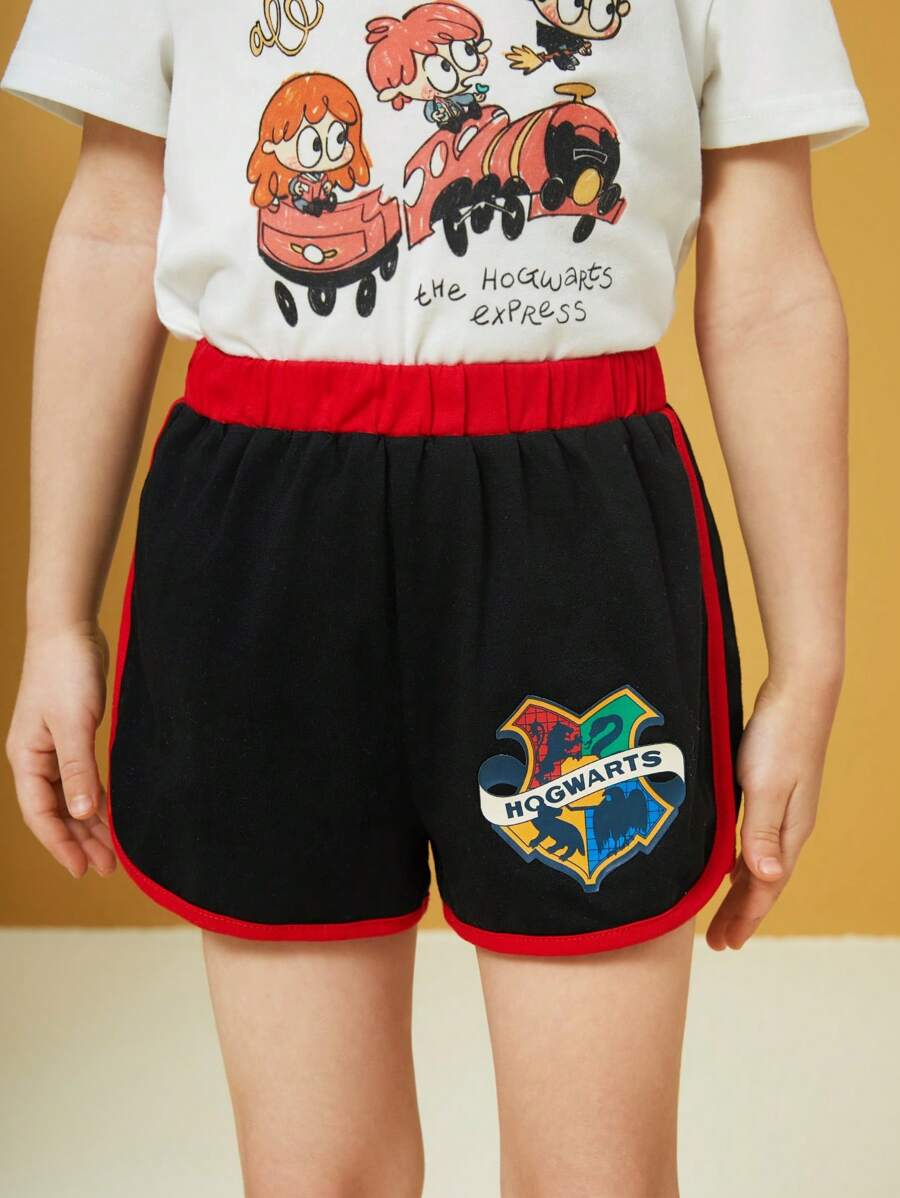 HARRY POTTER X SHEIN Chica Joven Pantalones Cortos De Delfines Impresos Con Cintura Elástica Y Emblema