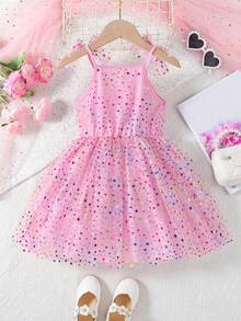 SHEIN Vestido de fiesta para niña joven con tirantes sin mangas y coloridas estrellas en forma de lazo de tul, adecuado para bodas de niña de las flores o fiestas - Rosa - Ver 2