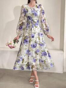 Modelyn Women's Floral Print Lantern Sleeve Dress With Round Neckline - Purple - View 4