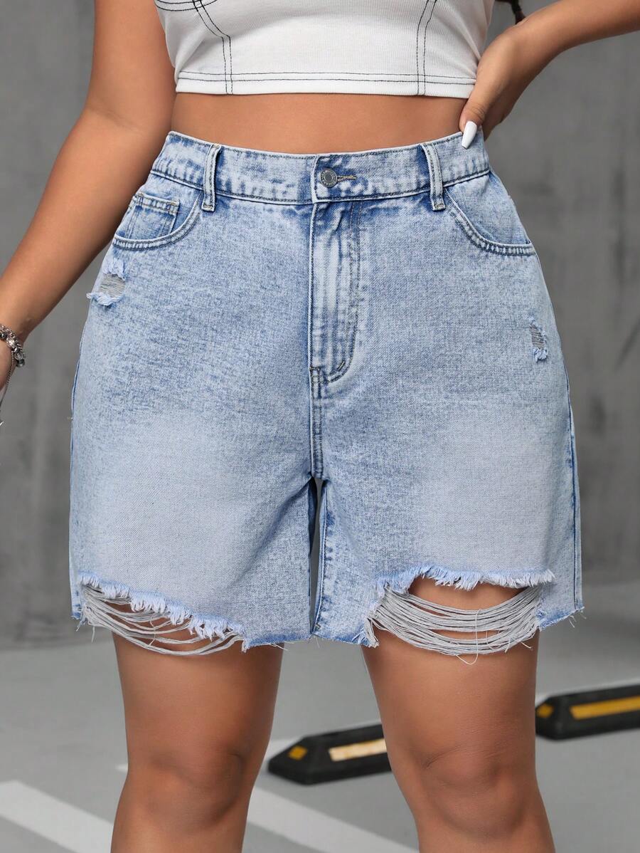 SHEIN ICON شورت جينز نسائي بحجم زائد متدرّج ومغسول - أزرق فاتح - مشاهدة 1
