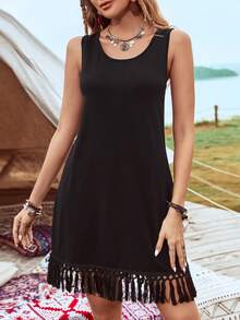 SHEIN VCAY 女士純色流蘇邊無袖連衣裙 - 黑色 - 查看 4