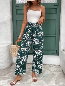 SHEIN Frenchy 全印花高腰紙袋口抽繩寬褲