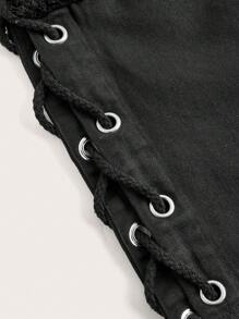 SHEIN ICON Festival de muzică Rave Y2k, negru metalic, detaliu cu ochi, talie joasă, cu legare laterală, pantaloni scurți cu talie joasă - Negru - Vizualizare 6