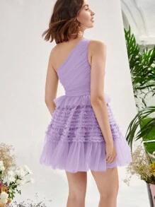 Enchnt Women's One Shoulder Mesh Multi-Layered Design Fashion Dress, Perfect For Parties And Gatherings - Mauve Purple - View 2