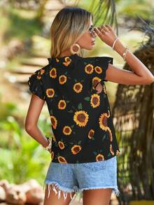 SHEIN VCAY Blusa con mangas de vuelo con estampado de girasol para mujer - Negro - Ver 2