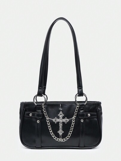 Goth Women's Vintage Gothic Cross Chain Detail Shoulder Bag With Cross Decoration,Fashionable Niche Design, Steampunk, Goth Bag For Women, Cool Street Wear, Perfect For Music Festival, Concert, Rock Style Bag For Women, School, 2000s Fashion Style Bag For Women